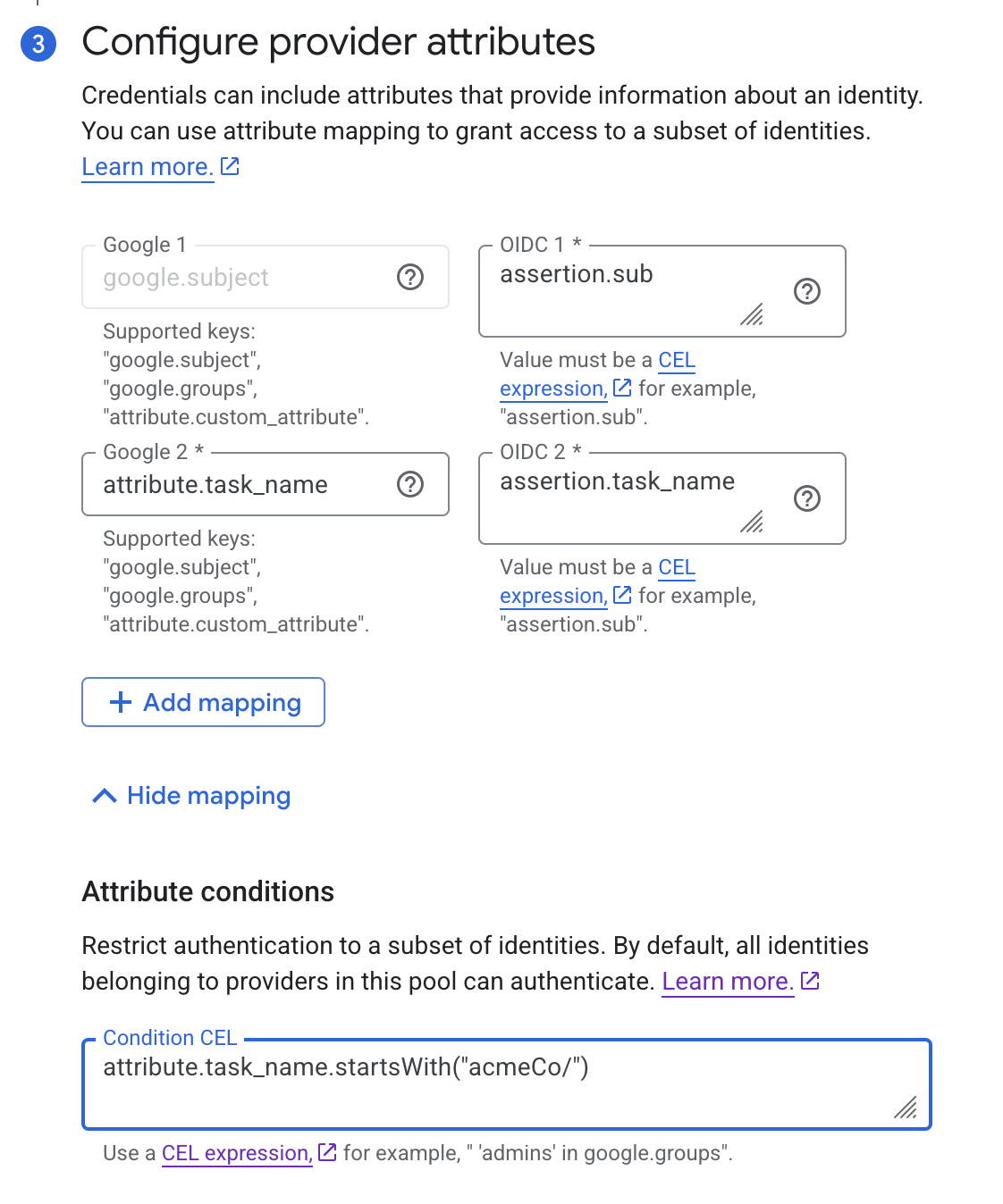 Workload Identity Provider Attributes Configuration