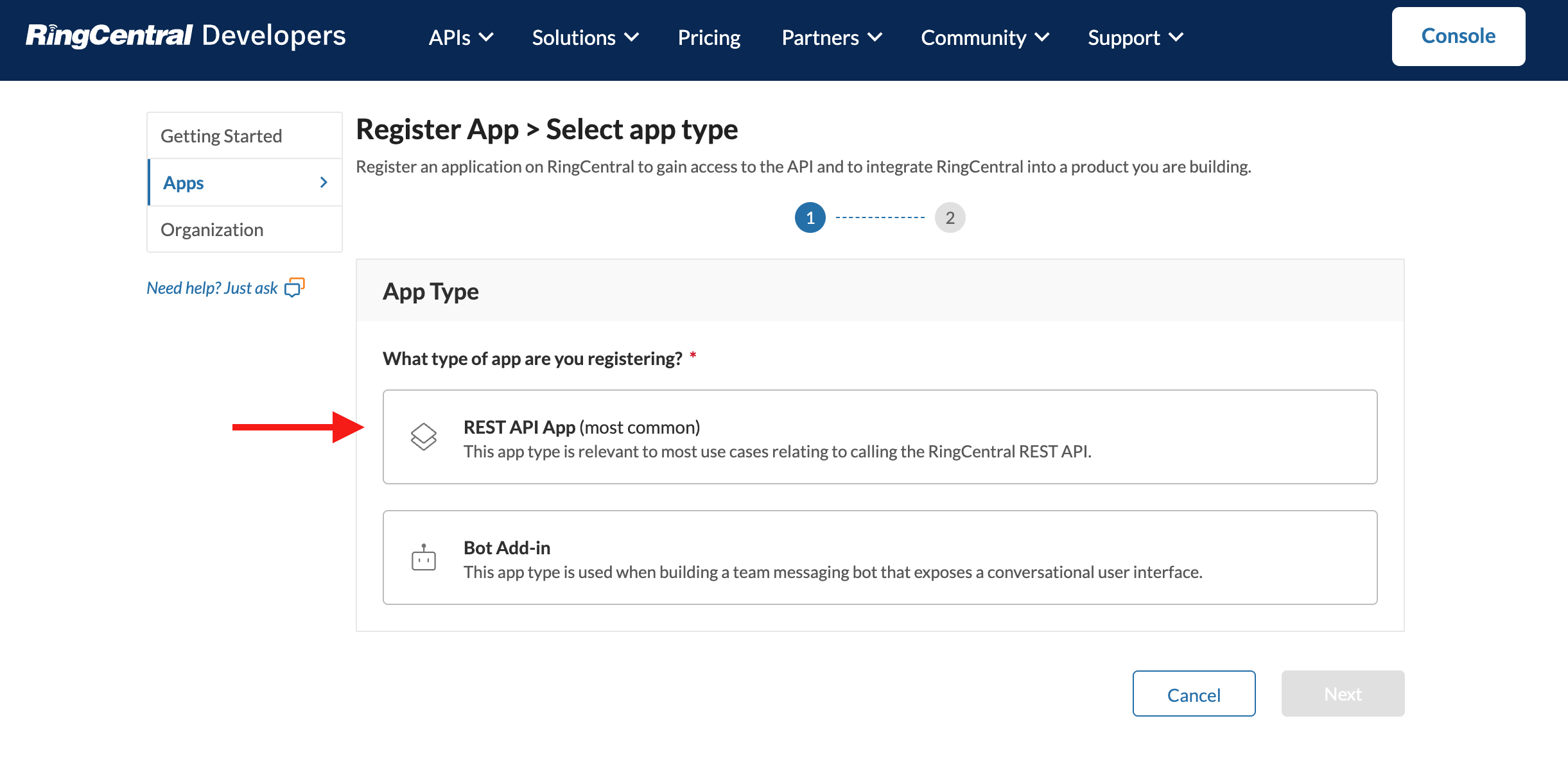 Select app type - REST API App